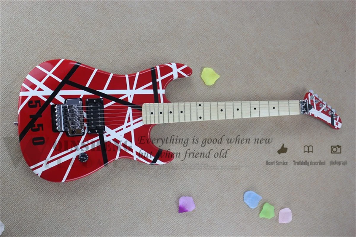

Classic Electric Guitar, 5150 Guitar, Red White Black Stripes Body,Tremolo Bridge Char Guitar Maple Neck