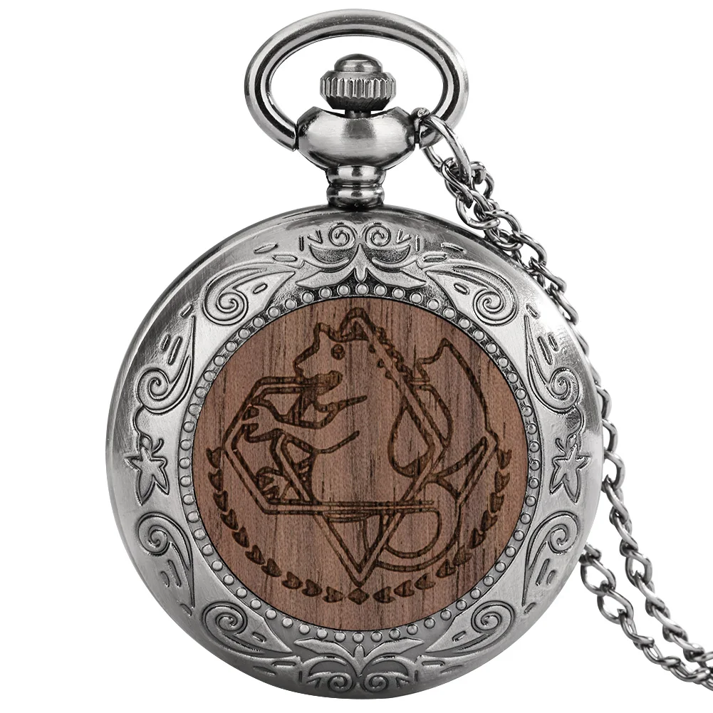 

Hot Selling Fashion Silver Men's Quartz Pocket Watch Slim Chain Walnut Small Wood Chip Sea Lion Pattern Watches Precious Present