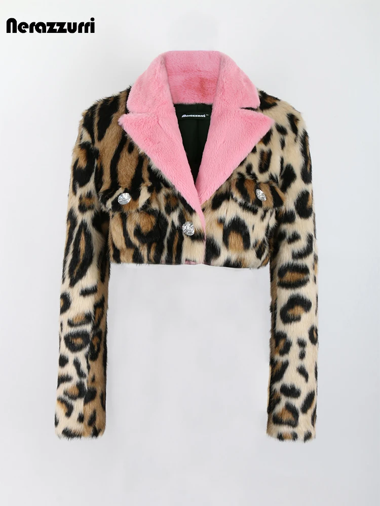 Nerazzurri Autumn Winter Leopard Print Thick Warm Soft Cropped Faux Mink Fur Jacket Blazer Women Long Sleeve with Pink Collar