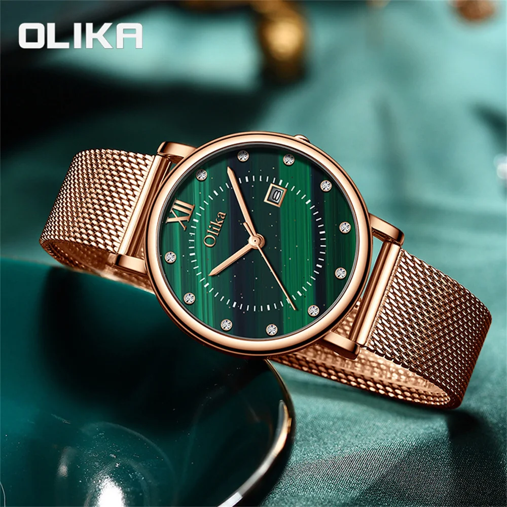 QSCY OLIKA Ladies Watch Light Luxury Waterproof Retro Fashion Atmospheric Quartz Inlaid Diamond Malachite Face Gift Set