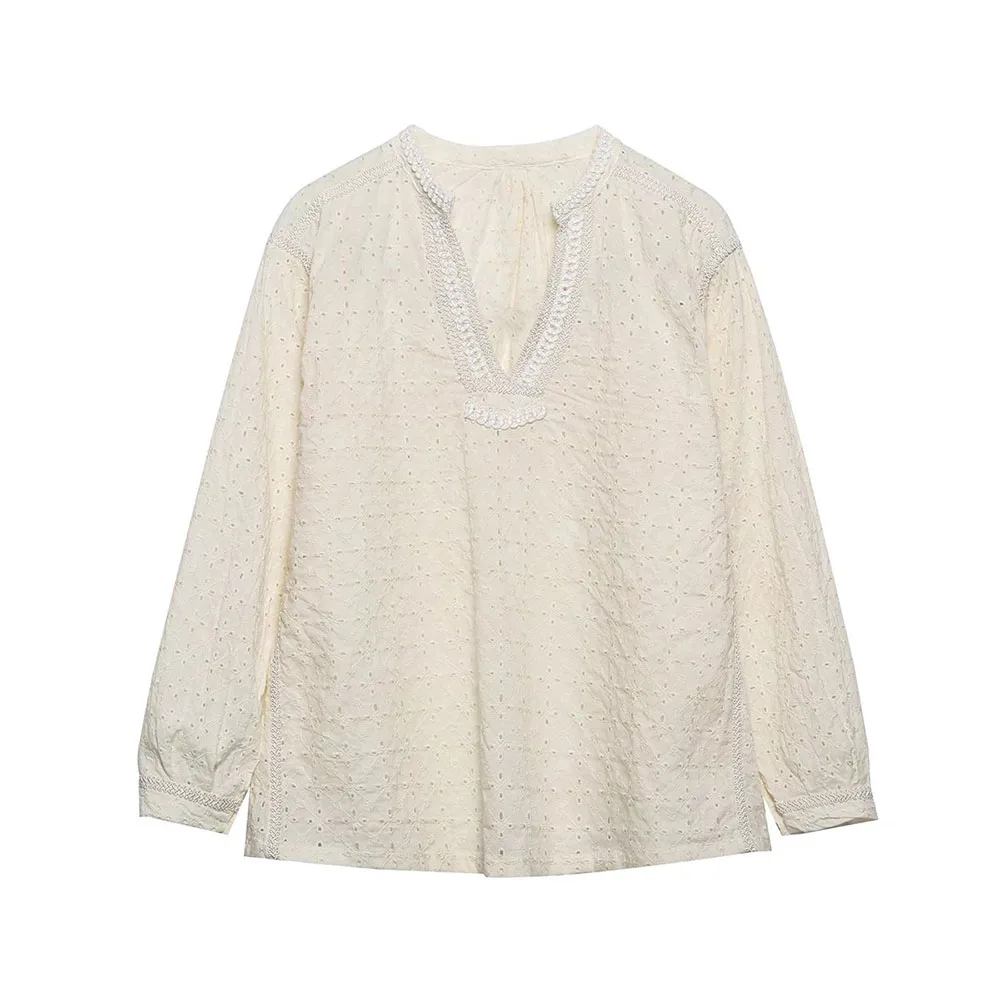 

PB&ZA2731302 Women 2022 Sweet Fashion Embroidery Hollow Out Blouses Vintage Long Sleeve V Neck Female Shirts Chic Tops 2731/302