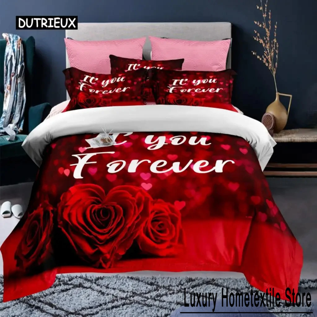 Valentine's Day Duvet Cover Set Red Rose I Love You Pattern King Size Couple Polyester Bedding Happy Romantic Quilt