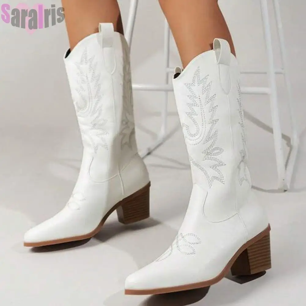 

Retro Cowboy Women Boots Embroider Pointed Toe Chunky High Heels Slip On Western Cowgirl Mid Calf Boots Big Size 43 Shoes Woman