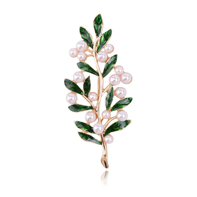 

Vintage Plant Green Brooches For Women Pearl Enamel Branches Weddings Party Office Jewelry Pins Gifts