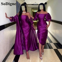 sodigne purple satin evening dresses with jacket short sleeves ankle length formal party dress vestidos de gala bridal gowns