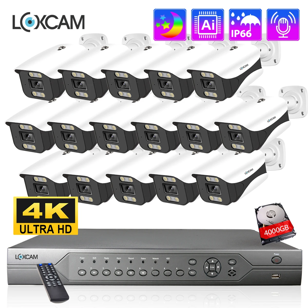 Цена LOXCAM 16CH POE NVR Kit 4K камера видеонаблюдения системы безопасности 8MP Color Night Vision, водонепроницаемая аудиокамера, комплект видеонаблюдения Цена LOXCAM 16CH POE NVR Kit 4K камера видеонаблюдения системы безопасности 8MP Color Night Vision, водонепроницаемая аудиокамера, комплект видеонаблюдения