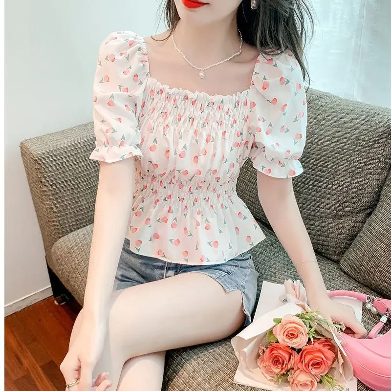 

Chikichi Korean Clothings Woman Bubble Sleeve Chiffon Shirt Women Summer 2023 New Fashion Casual Printed Tops Vintage Blouses
