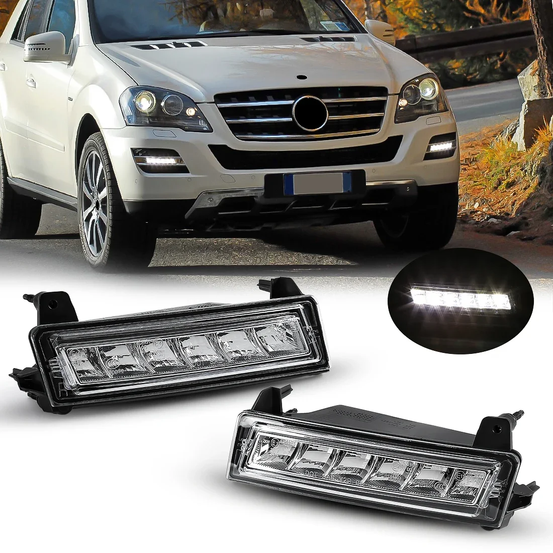 Фото Светодиодные ДХО для Mercedes-Benz W164 X164 X204 ML350 ML450 GL450 GLK350 2009-2013, противотуманные фары, передний бампер, фары головного света 1649060251 1649060151 №1
