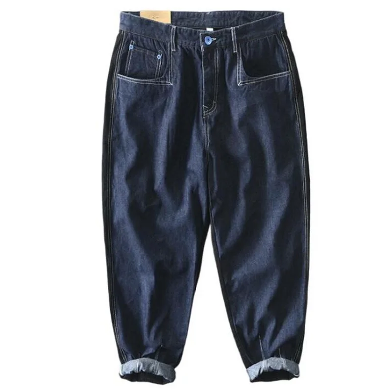 Men Jeans Patchwork Pants Cotton Male Black Casual Mid Waist Slim Fit Trouser Vintage Wash Jeans