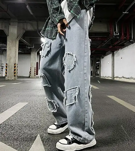 Men's Jeans Retro Big Hole Jeans Men's Loose Big Pocket Straight Pants