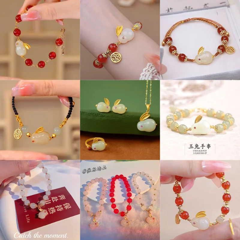 

Lovely Rabbit Bracelet Luxury Bunny Bracelets Stone Jade Wrist Chain of Women Girl Ins High Value Gifts for Girlfriend Jewelry