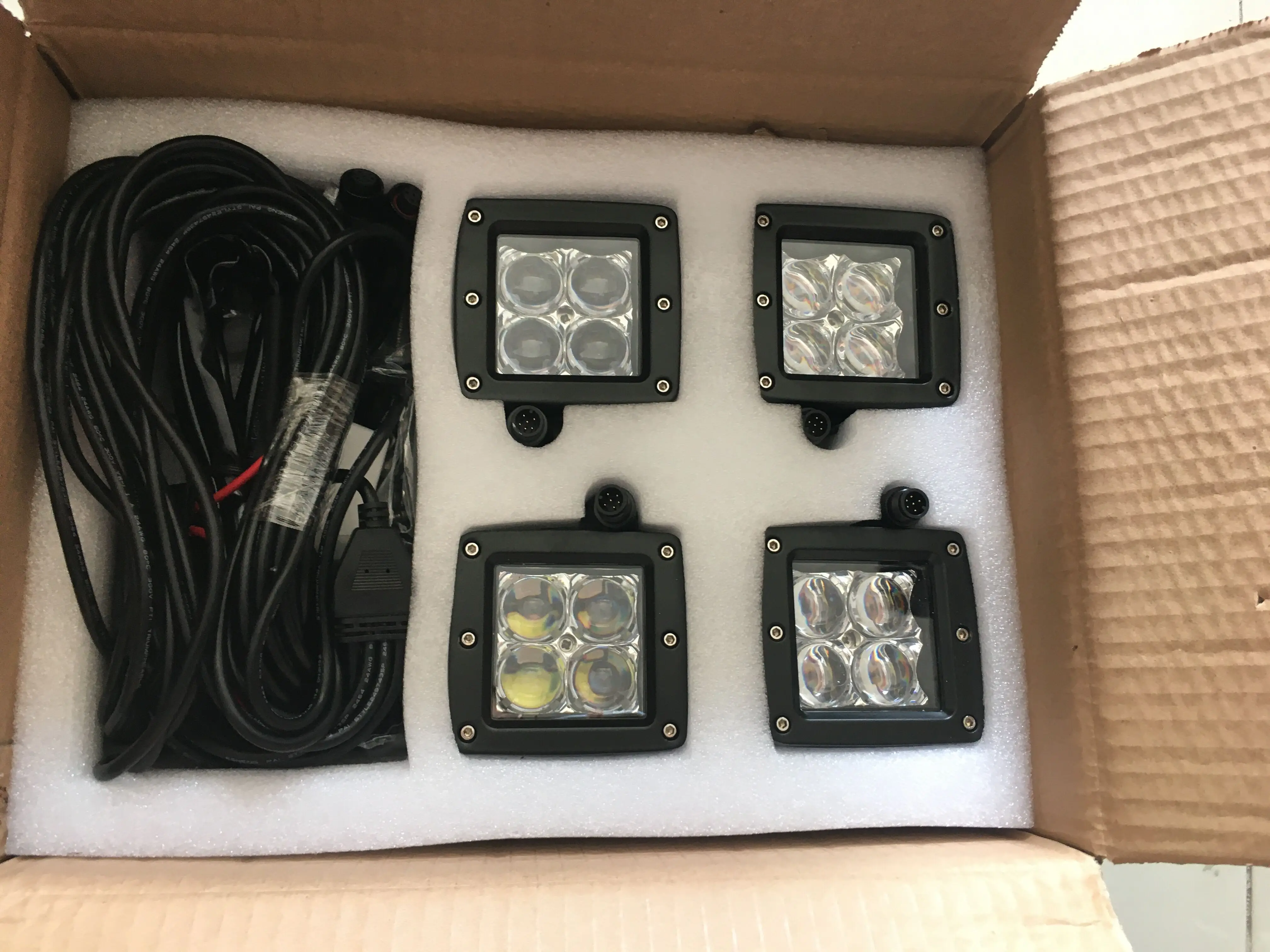 Фото 4x 3-дюймовый 96W 5D RGB светодиодный рабочий свет Spot Flood Cube Pods Стробоскоп Музыка Мигающий режим DIY с комплектом жгутов проводов управления Bluetooth №5