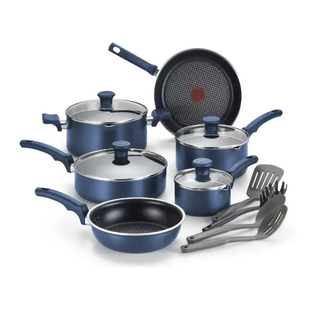 

Cook & Strain Non-Stick 14-Piece Cookware Set, Recycled Aluminum Body, Blue
