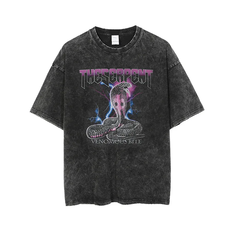 

Hip Hop Streetwear Cobra Printed Vintage Washed T-shirt Cotton Harajuku Oversized Tshirt Short Sleeve y2k Unisex T-Shirt