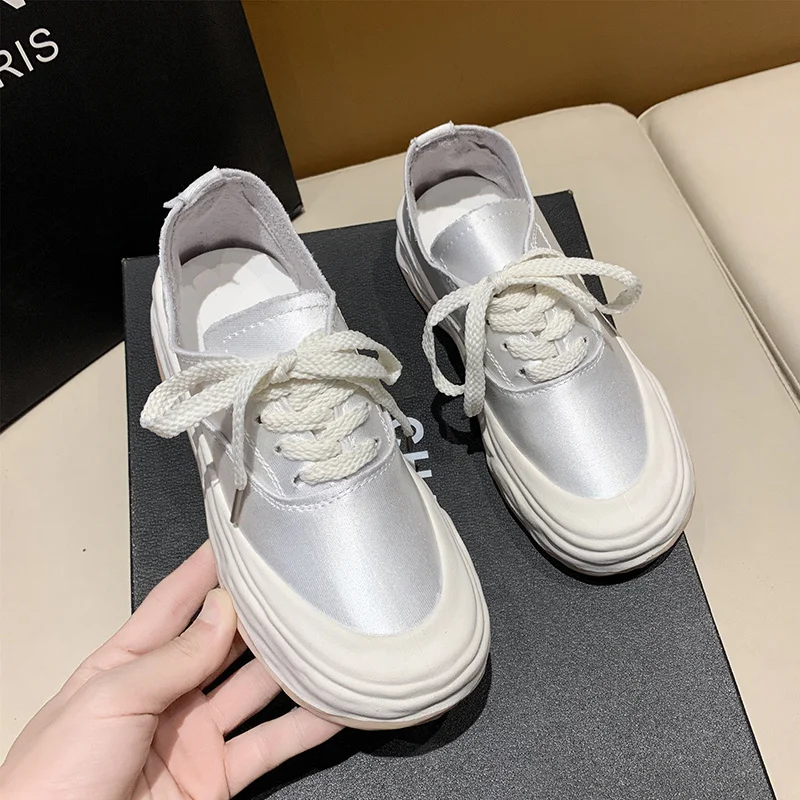 2023 Light Luxury Style Satin Face Dissolving Sole Casual Shoes Summer New Thick Sole Everything Canvas Shoe Candy Color Lace-up