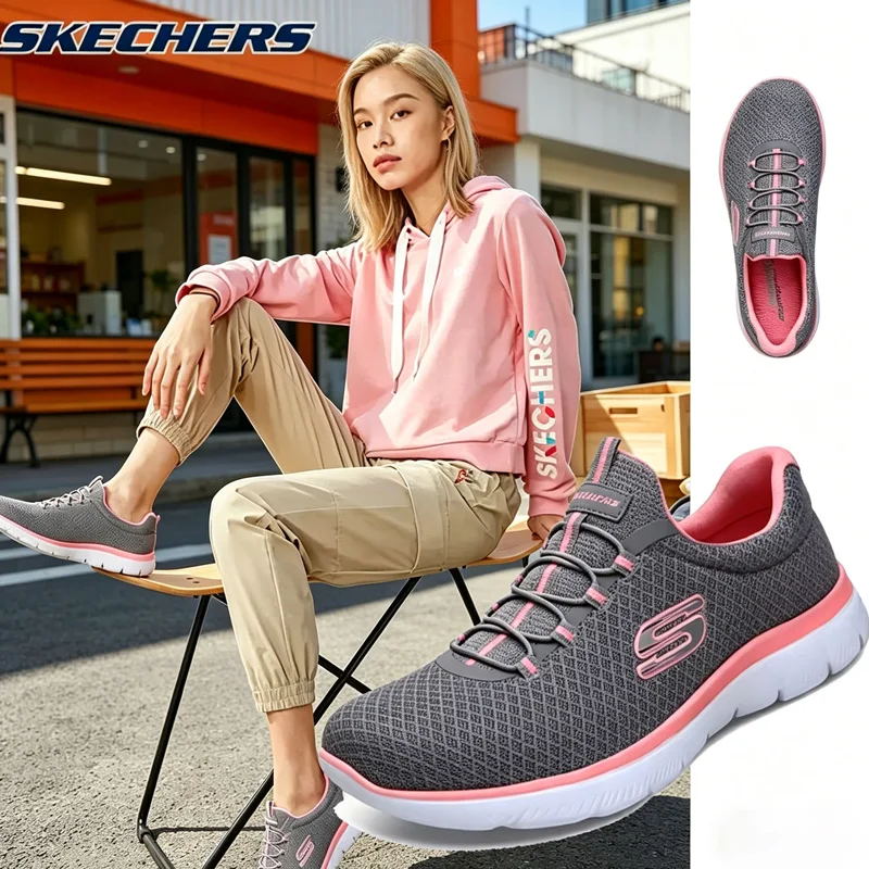 Фото Женская весенняя обувь Skechers, спортивные кроссовки из дышащей сетки, легкие кроссовки для бега с мягкой подошвой 12980-GYPK №1