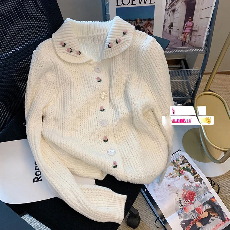 

2022 Women Cardigan Sweater Korean Fashion Knitted Floral Casual Autumn Winter New Chic Warm Sweet Loose Long Sleeve Coat H54