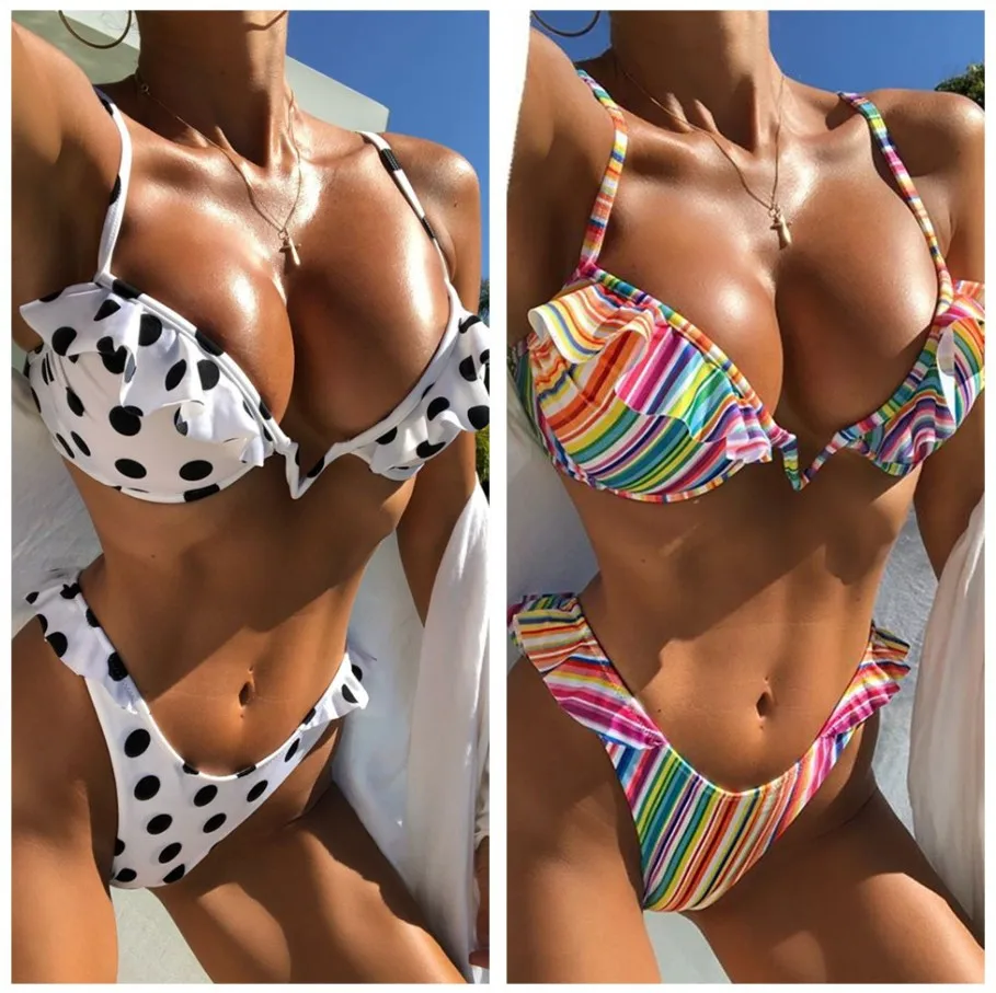 

Женский пляжный купальник из двух предметов, комплект бикини с принтом и оборками, пикантный купальный костюм пуш-ап с открытой спиной, лето...