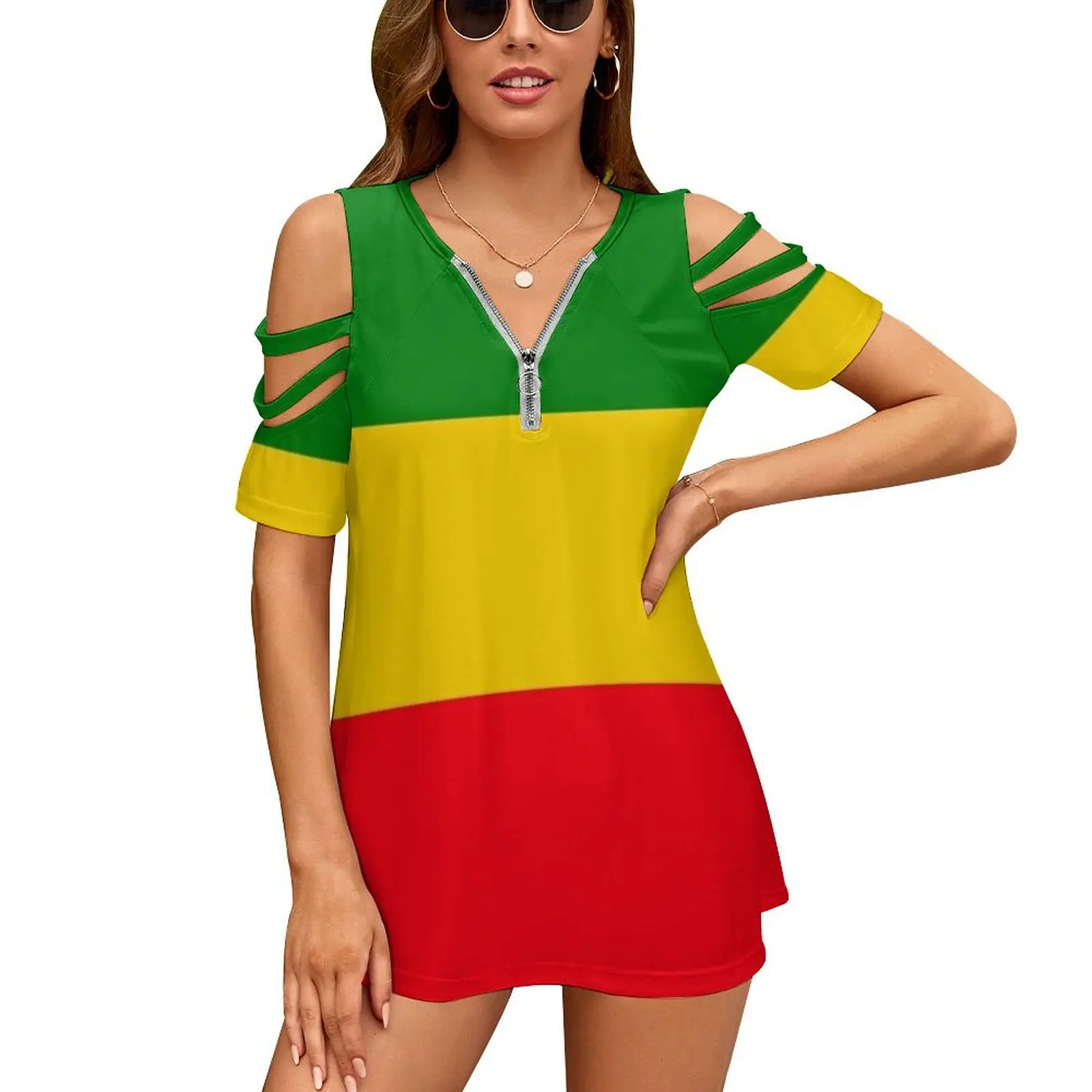 

Женская Винтажная футболка на молнии, зеленая, желтая и красная футболка с принтом флага расты, топы, футболка с графическим дизайном