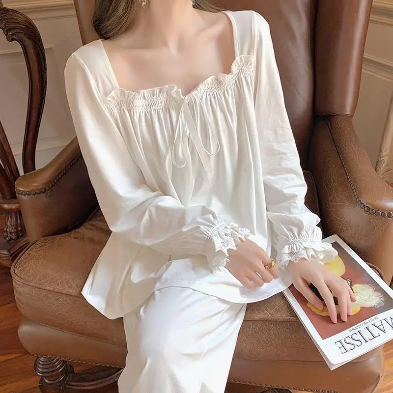 Autumn French pajamas set cotton White Nightwear Women long Sleeved Homewear Cute kawaii Lace Nightgowns Princess sleepwear
