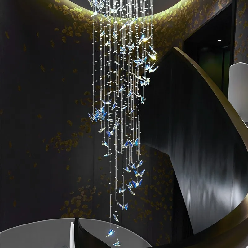 

Modern Luxury K9 Crystal Butterfly LED Pendant Lamp For Indoor Decor Villa Duplex To Pick Empty Rotating Staircase Crystal Light