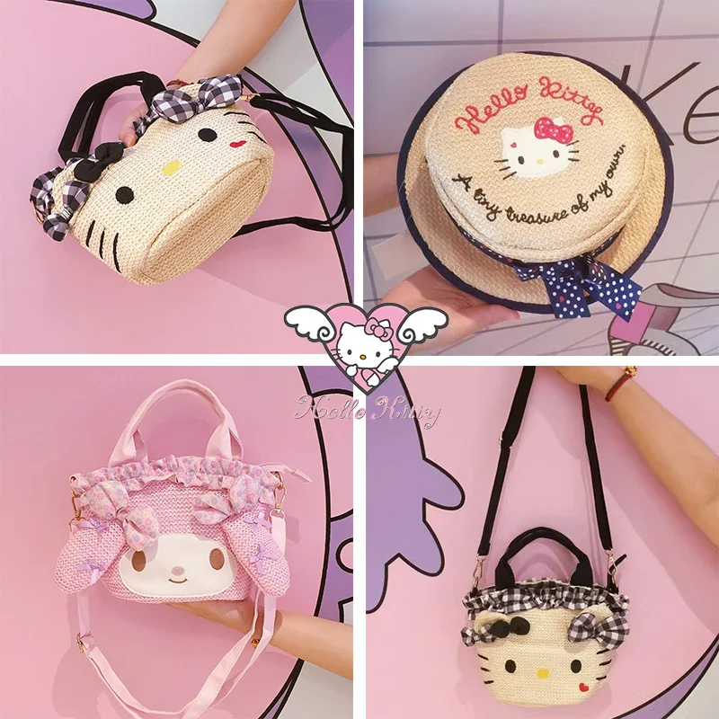 

Black Skin Hellokitty Hawaii Series Anime Fashion Straw Bag Kawaii My Melody Portable Messenger Bag Cartoon Girls Ins Gifts Toy