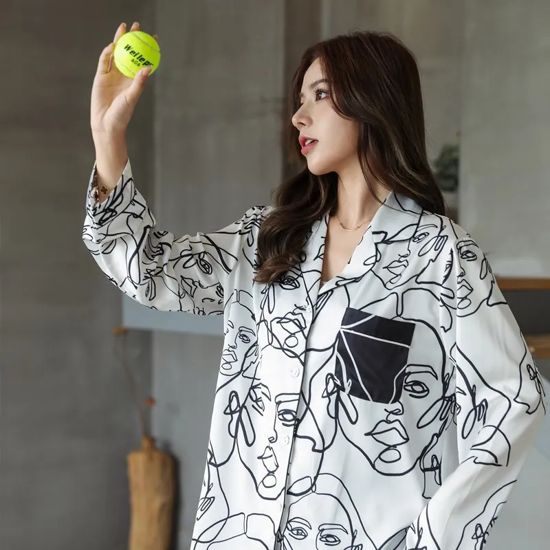Ice Silk Pajamas Women's New Simple Black and White Print Long-sleeved Trousers Comfortable Two-piece Home Service