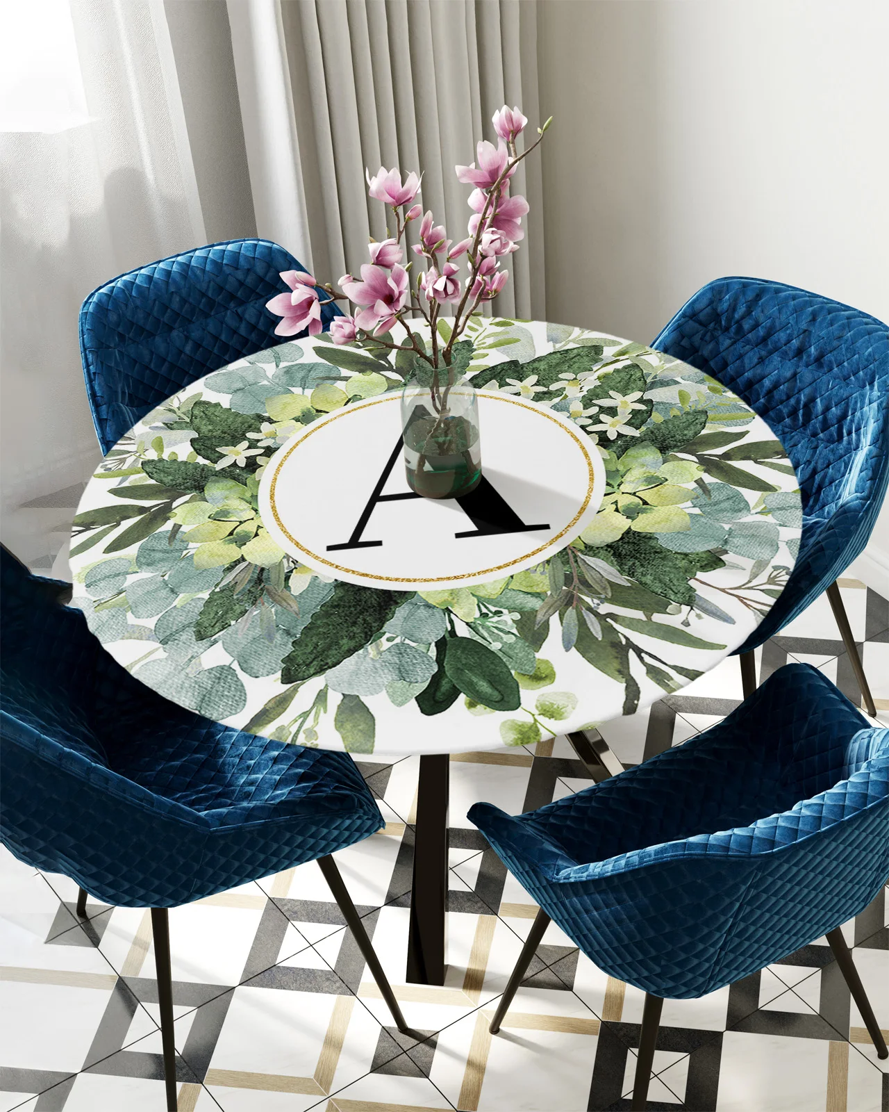 

Letter A Watercolor Eucalyptus Round Tablecloth Waterproof Table Cover Home Decoration Dining Room Elastic Tablecloth