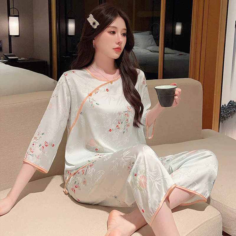 Funishi Summer Sleepwear Ice Silk Women's Pajamas Cardigan lace Cute пижама женская Tang style Cardigan Suit Sweet