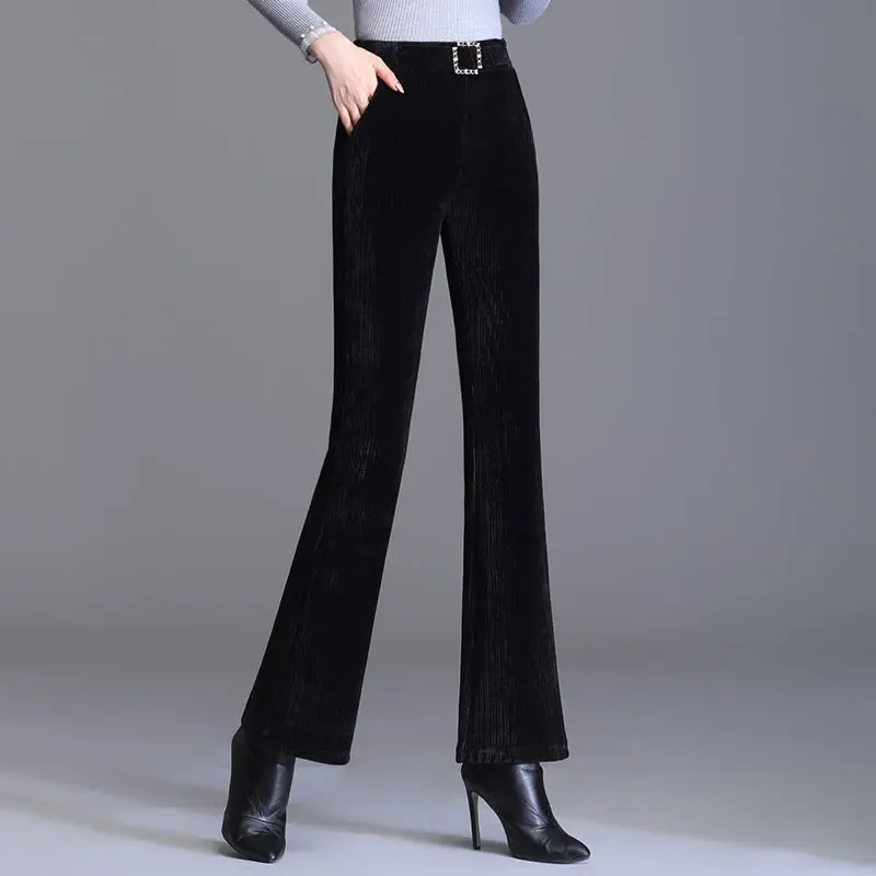 Office Lady Fashion Solid Flare Pants Women Autumn Winter Chenille New Elastic High Waist Pocket Slim Korean Casual Trousers 3XL