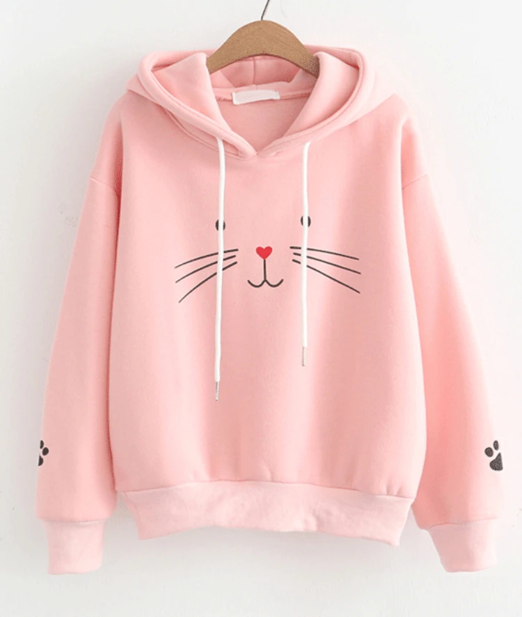 Beautiful Women In Autumn and Winter 2022 Korean Version Harajuku Cat Print Long Sleeved Hooded Sweater Thickened Sleeved Trend