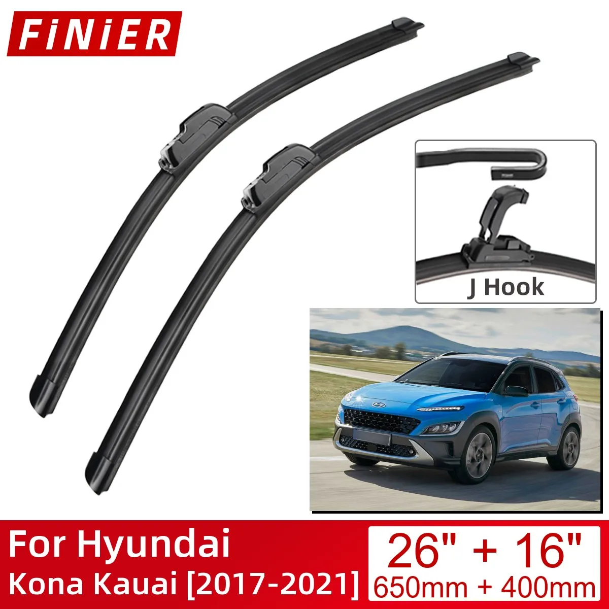 

For Hyundai Kona Kauai 2017-2021 26"+16" Car Accessories Front Windscreen Wiper Blade Brushes Wipers U Type J Hooks 2021 2020