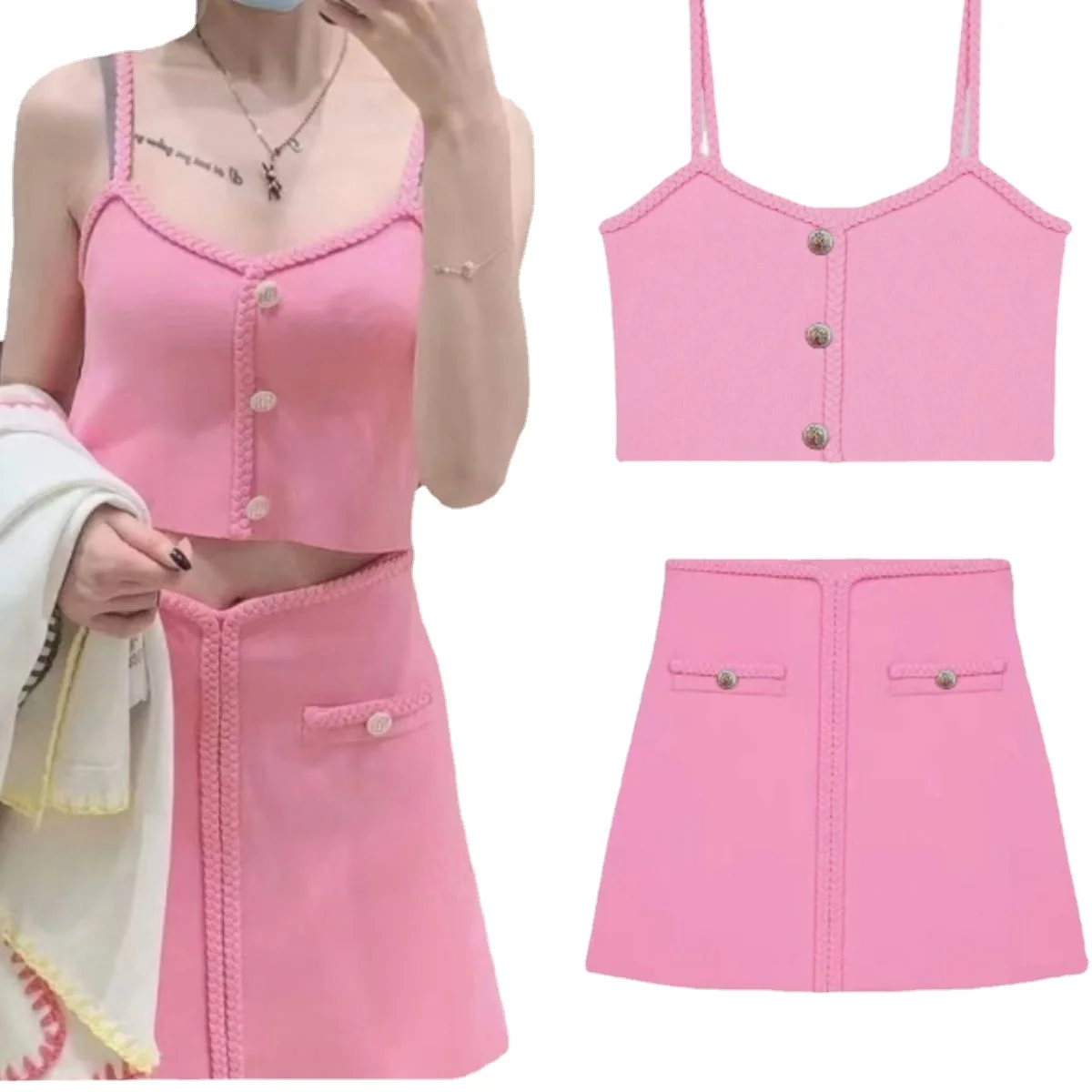 Summer new pink skirt women's vest top fashion all-match slim slim suit