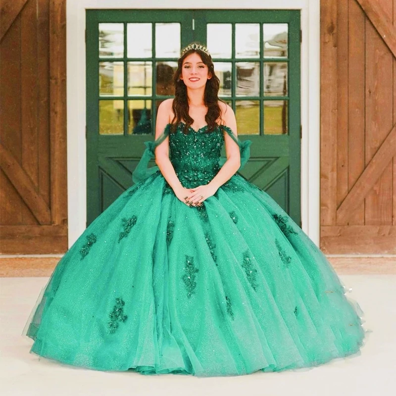 

Green Bling Quinceanera Dress Off The Shoulder Sleeveless For 15 Girls Ball Gown Appliques Beads Formal Prom Vestido