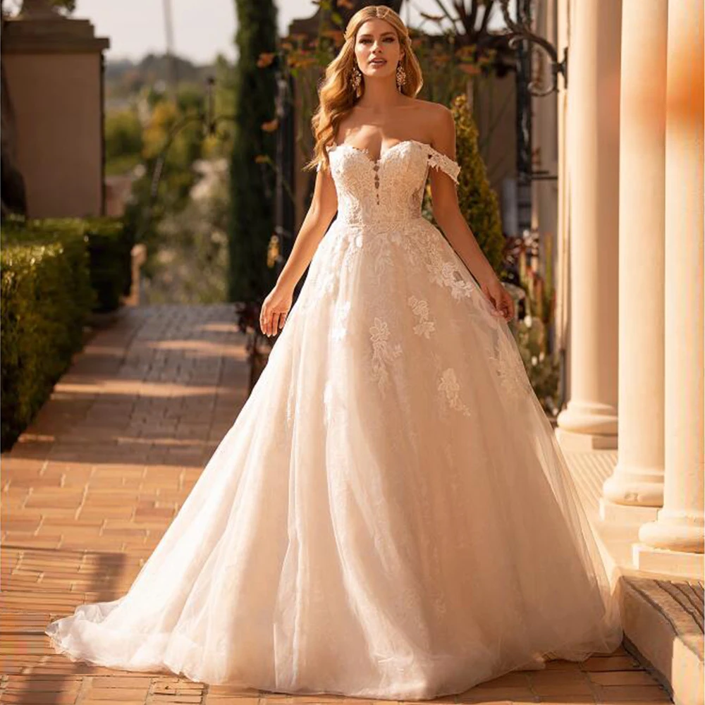 

Wedding Dress A Line Off the Shoulder Court Train Illusion Lace Bridal Dresses Exquisite Floral Applique Modern Wedding Gowns