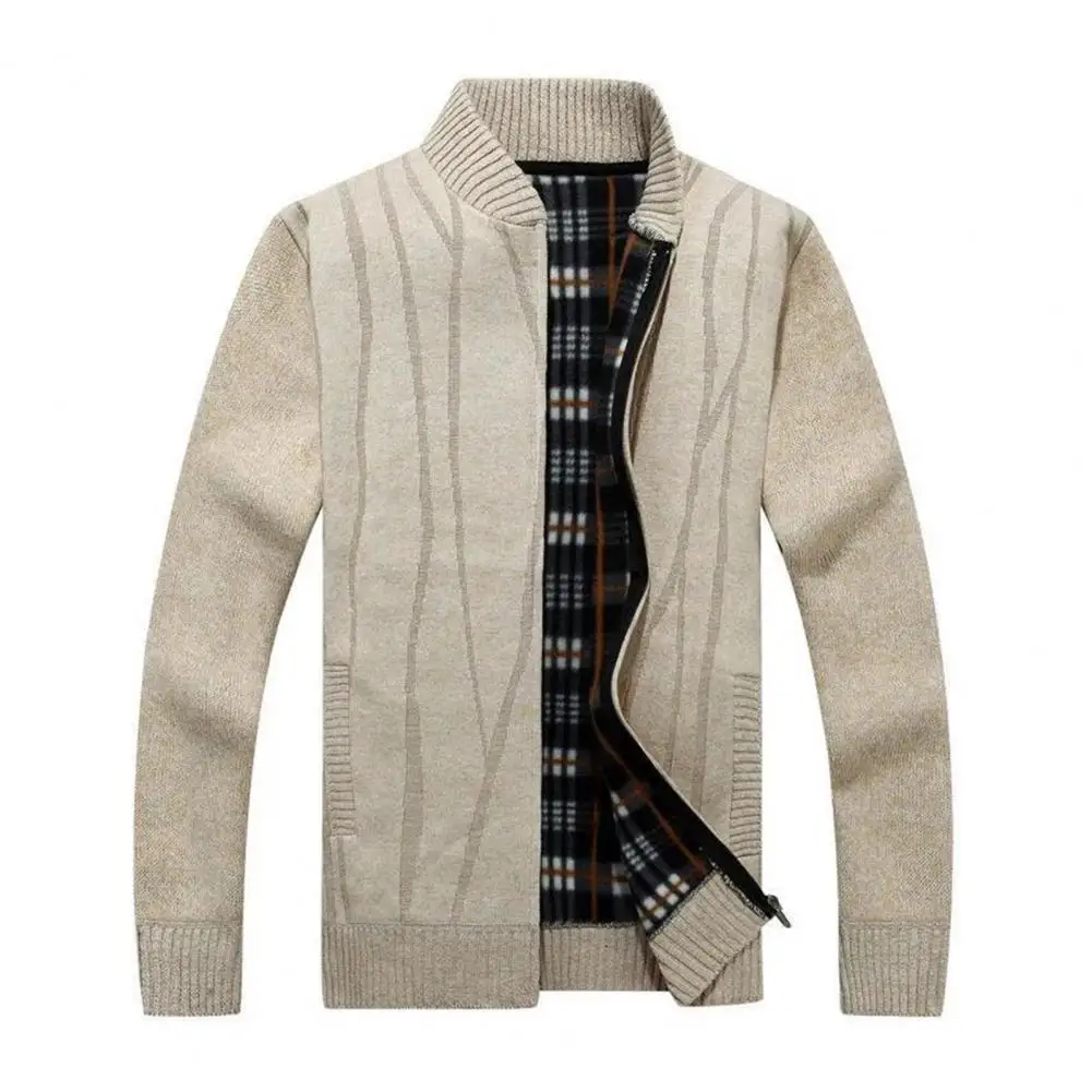

Men Sweater Coat Solid Color Zipper Cardigan Stand Collar Thicken Keep Warm Plush Casual Men Autumn Coat Men Daily Clothes