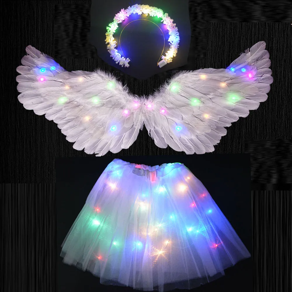 Girl Women Kids Adult LED Light Up White Feather Wing Angel Halo Glow Party Princess Costume Gift Birthday Wedding Props Cosplay