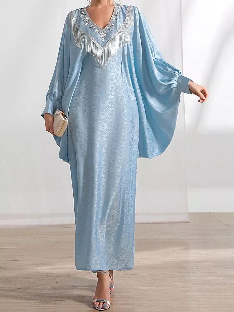 

Ramadan Eid Diamond Beading Djellaba Muslim Dress Dubai Fashion Bat Sleeved Abaya Muslim Robes Islam Robe With Belt WY1297