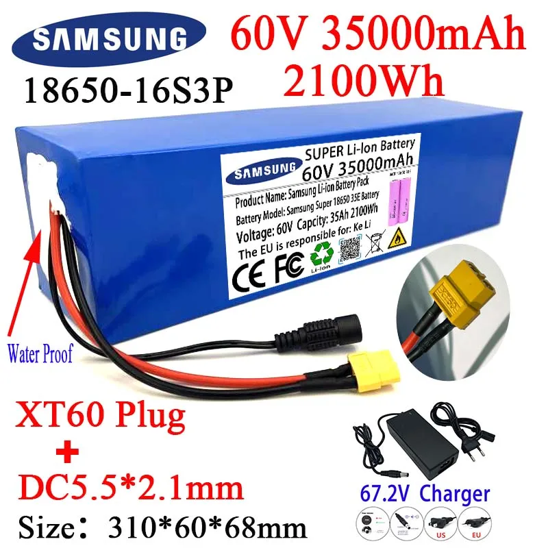 

60V 35000Ah Electric Bike Scooter 2000W 18650 Battery 16S3P Lithium Battery Pack Aicherish Built-in Same Port BMS E-Bike