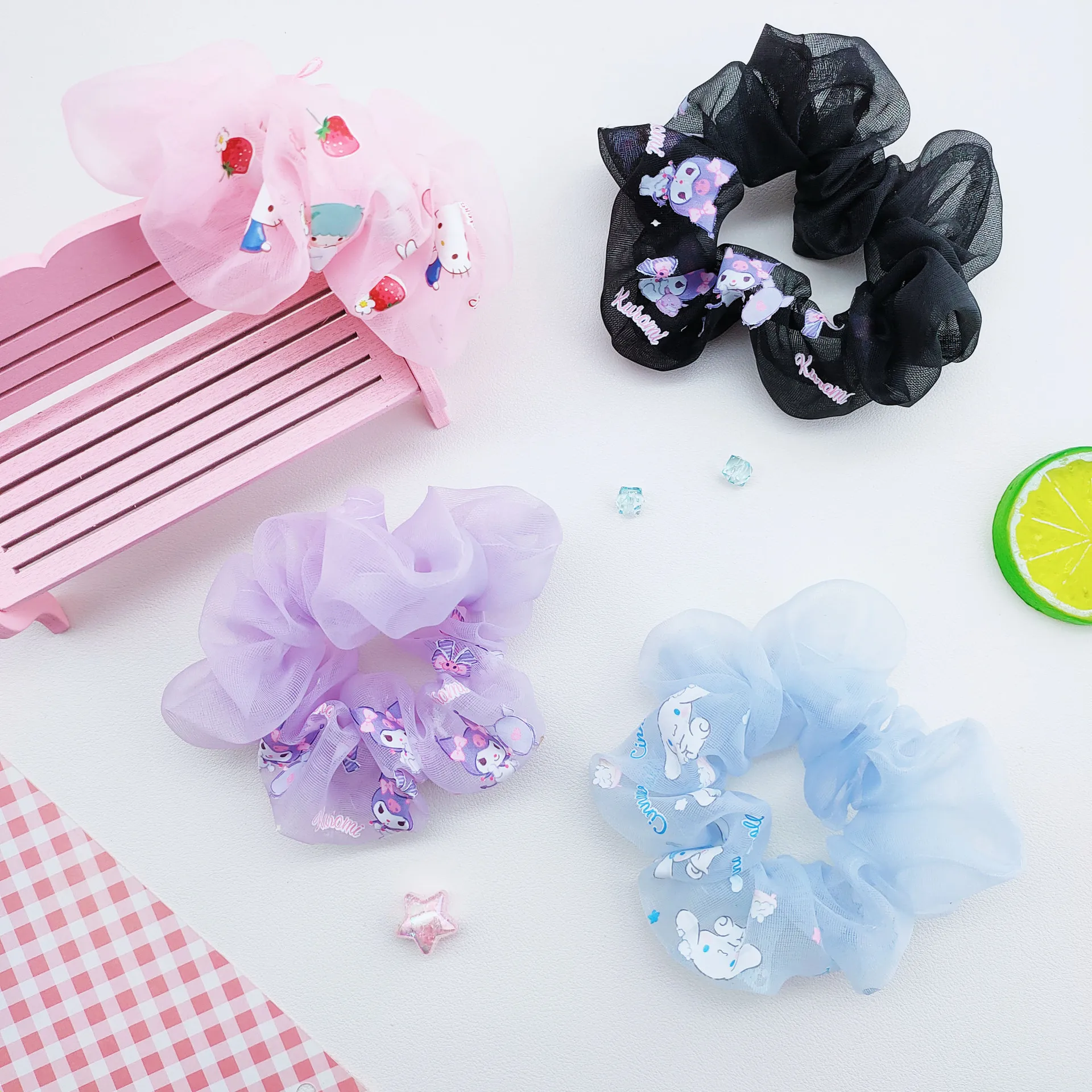 

Kawaii Sanrios аниме мультфильм Kuromi Jkgirl печать Hairbandmy Melody резиновый Bandcinnamorollfabric шифоновый кишечник Кольцо девочка подарок