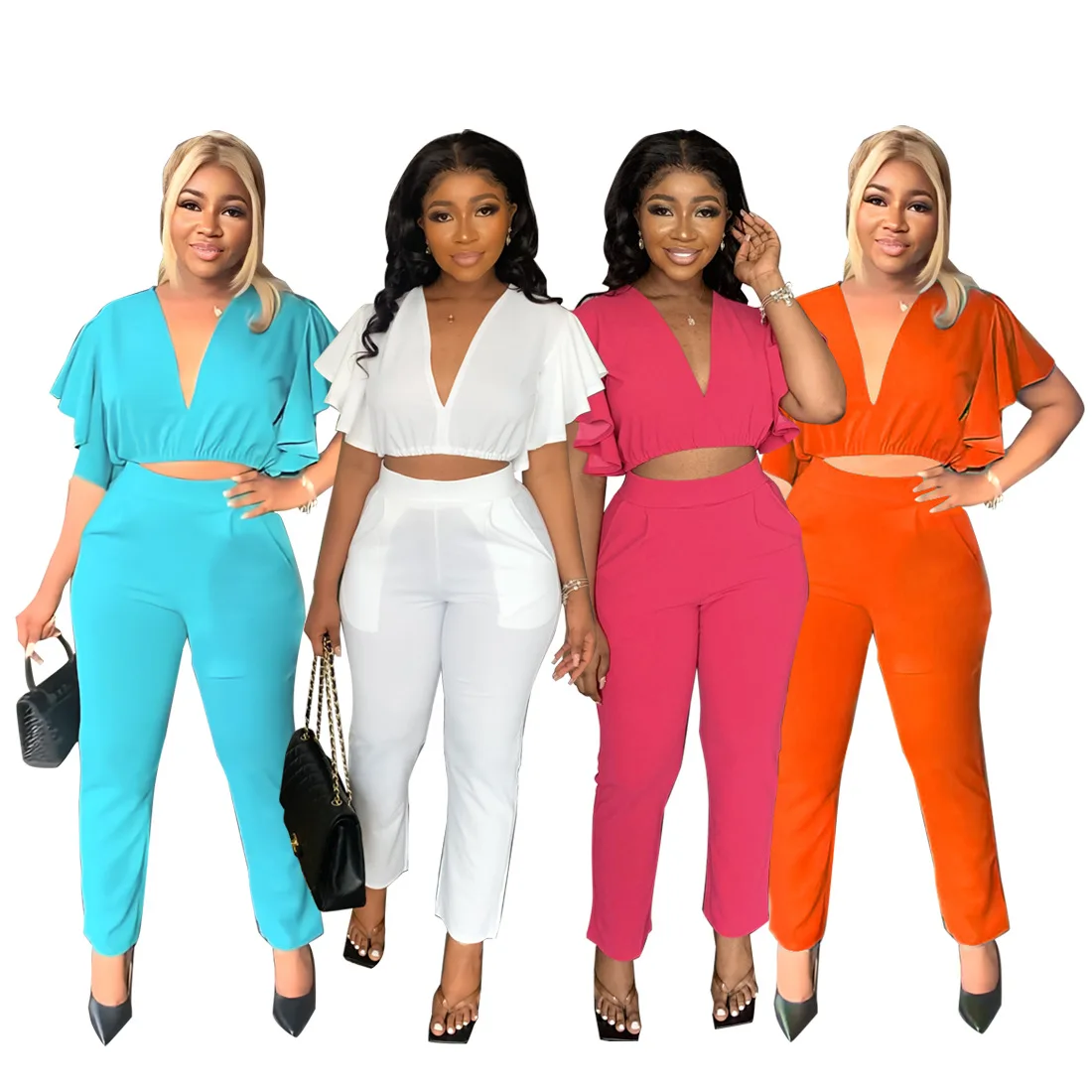 

Summer Autumn Women V Neck Tops Straight Pants Two Pieces Set Solid Ruffles Short Sleeves Casual Tracksuits