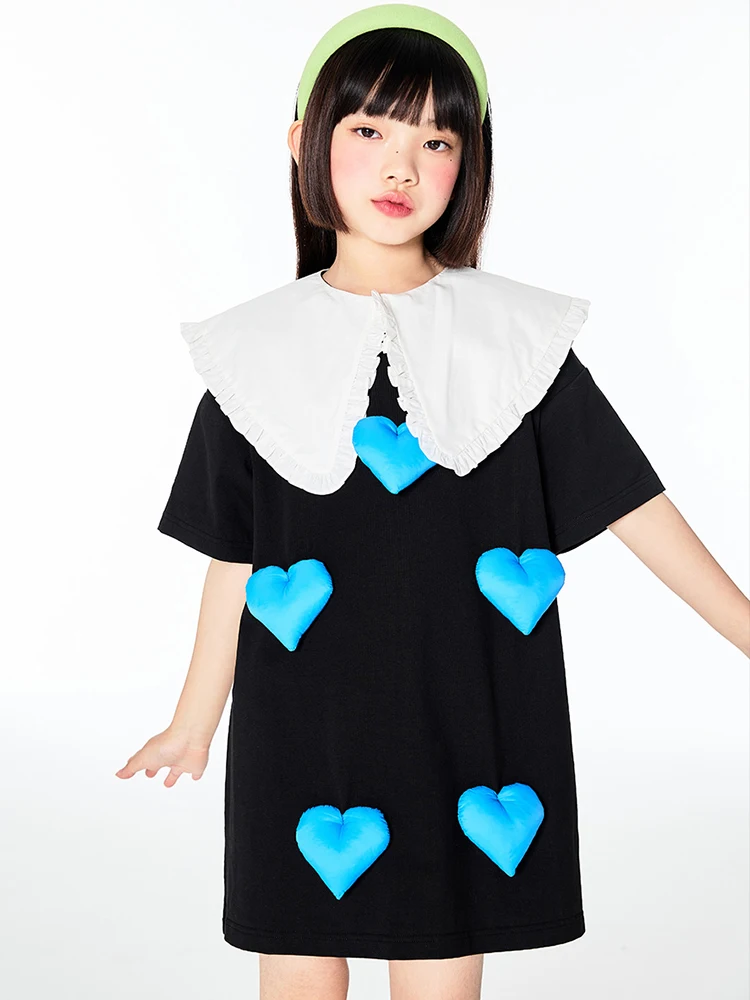 

Baby Girls Dresses 95% Cotton Luxury Blue Heart Black Solid Color 2022 Summer Fashion 5T 14Y Children Wear Short Sleeve Clothing