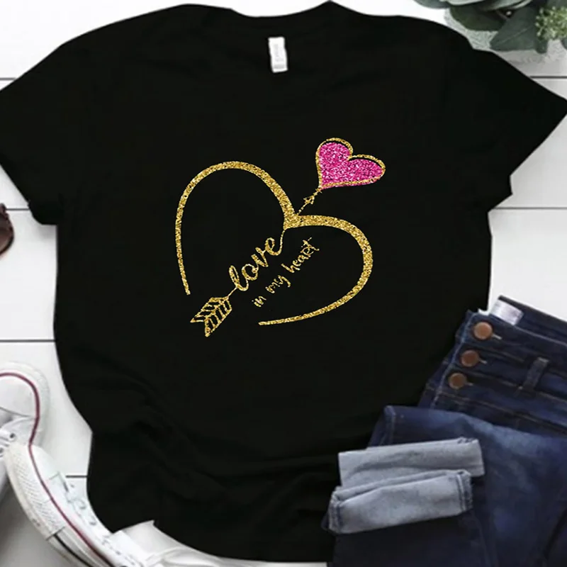 

2022 New Plus Size Love Archery Print Women's LOVE Short Sleeve Casual Round Neck Short Sleeve Loose Fashion Top Hot Sale