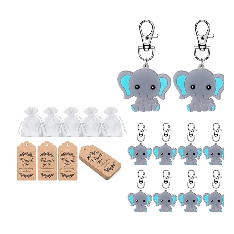 

20 Pcs Baby Shower Return Favors For Guests Blue Baby Elephant Keychains Organza Bags Kraft Tags Elephant Theme Party