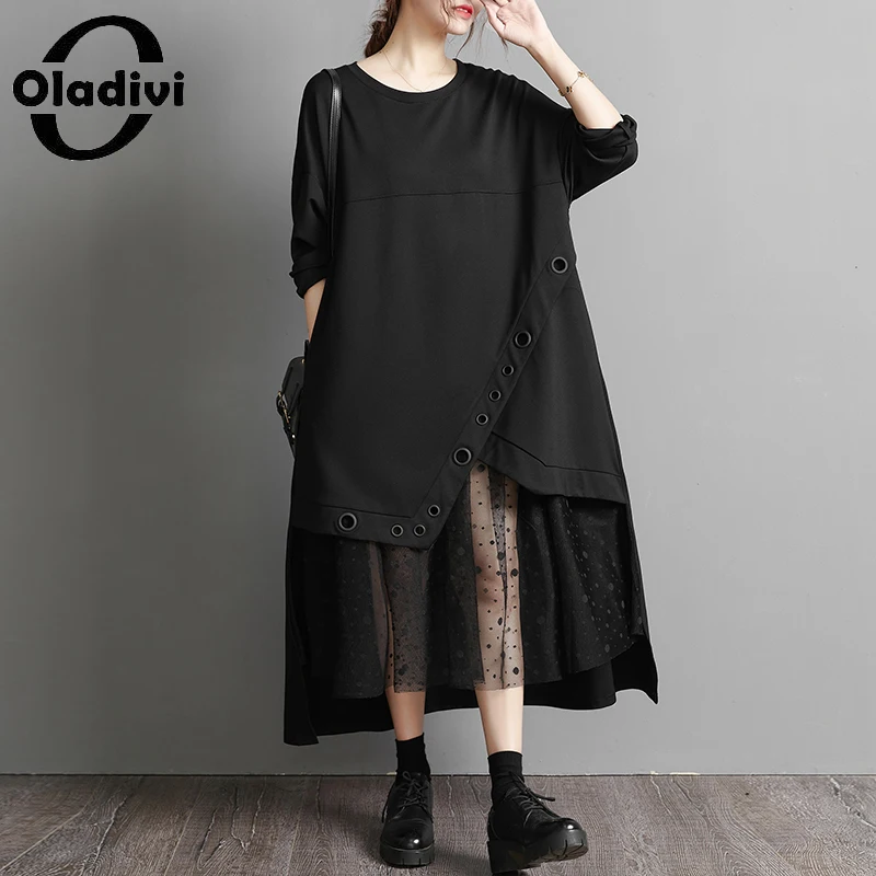 

Модные женские платья Oladivi с большим сетчатым верхом, новинка весны 2022, Одежда большого размера, черные платья с длинным рукавом, туника, ...