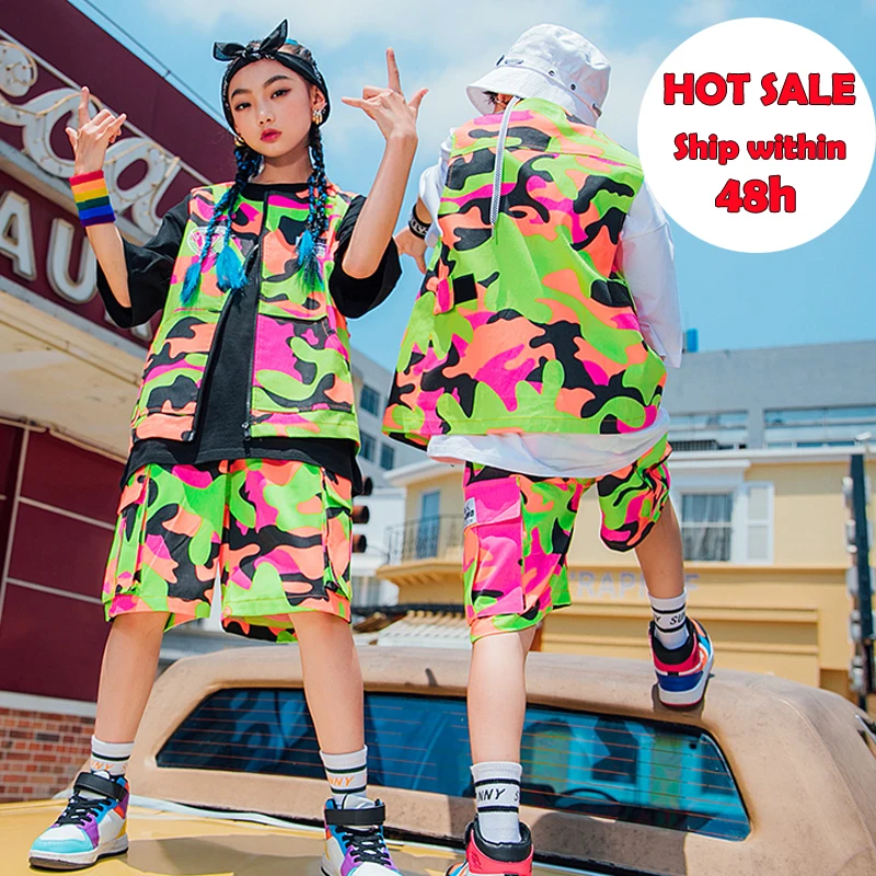 Children'S Day New Summer Hip-Hop Dance Costumes For Kids Fluorescent Camouflage Vest Shorts Suit Jazz Street Dance Wear DQS7061