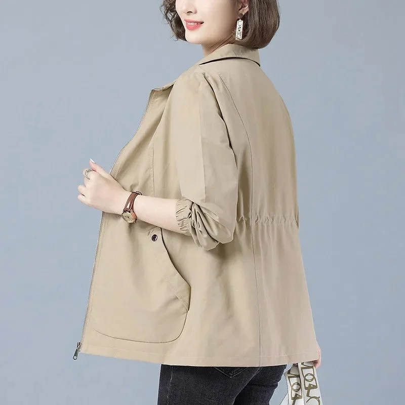 

Женская ветровка с карманами, Повседневная Базовая куртка цвета хаки на молнии с длинным рукавом, верхняя одежда размера 4XL на весну и осень,...