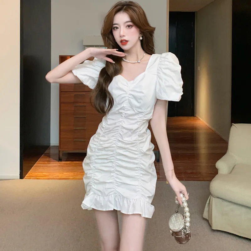 

2023 Dress Summer New Style Bubble Sleeve Pleated Gentle Wind Lotus Leaf Edge Slimming Wrap Hip Fishtail Skirt Free Shipping