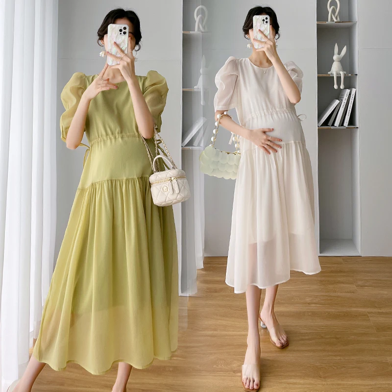 

2022 Summer Korean Fashion Maternity Long Dress Elegant Chic Ins Sweet Clothes for Pregnant Women OL Work Pregnancy Wear