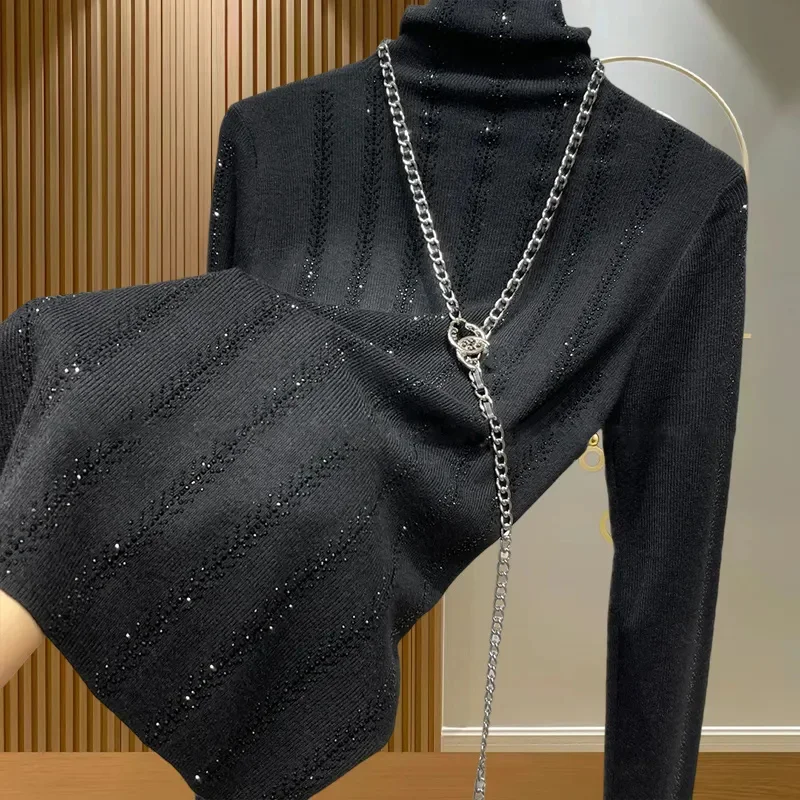 Осень-зима пуловер 2024 новая мода полосатая рубашка с высоким воротником женский